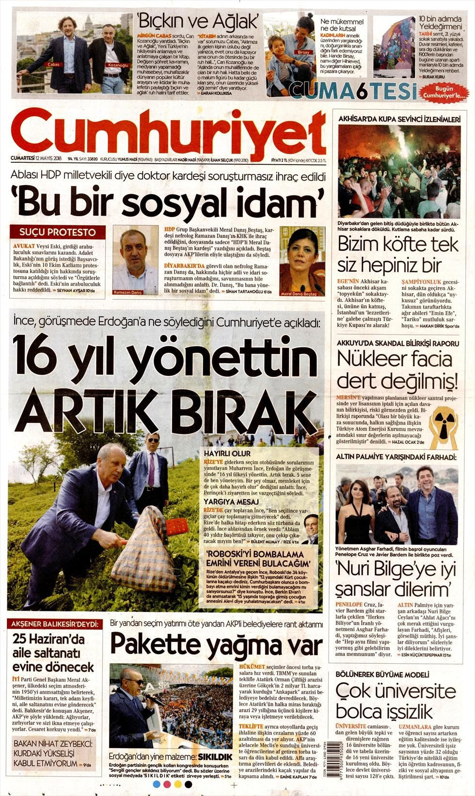 Cumhuriyet Gazetesi 12 Mayıs 2018 Anasayfası - Haber3