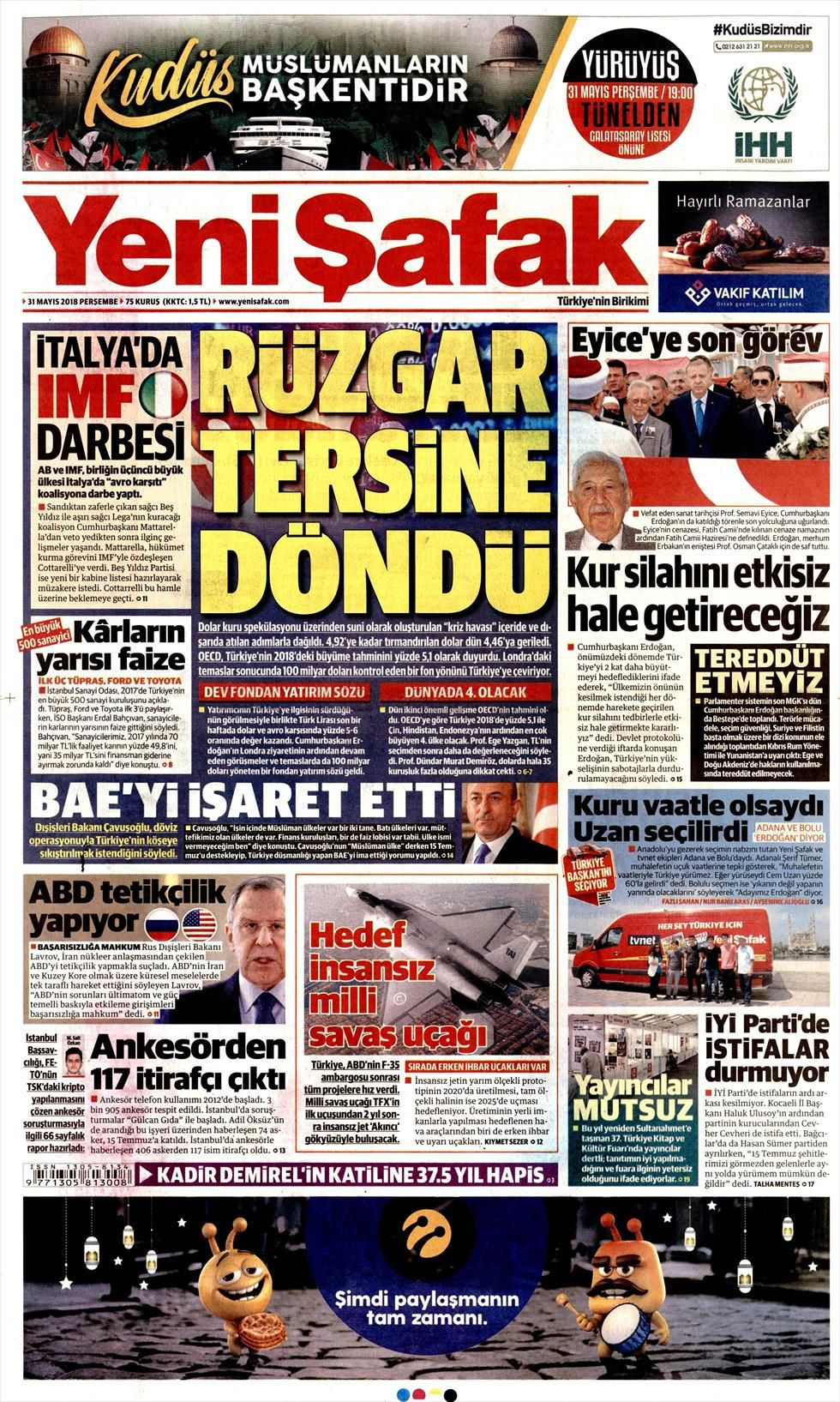 Yeni Şafak Gazetesi 31 Mayıs 2018 Anasayfası Haber3