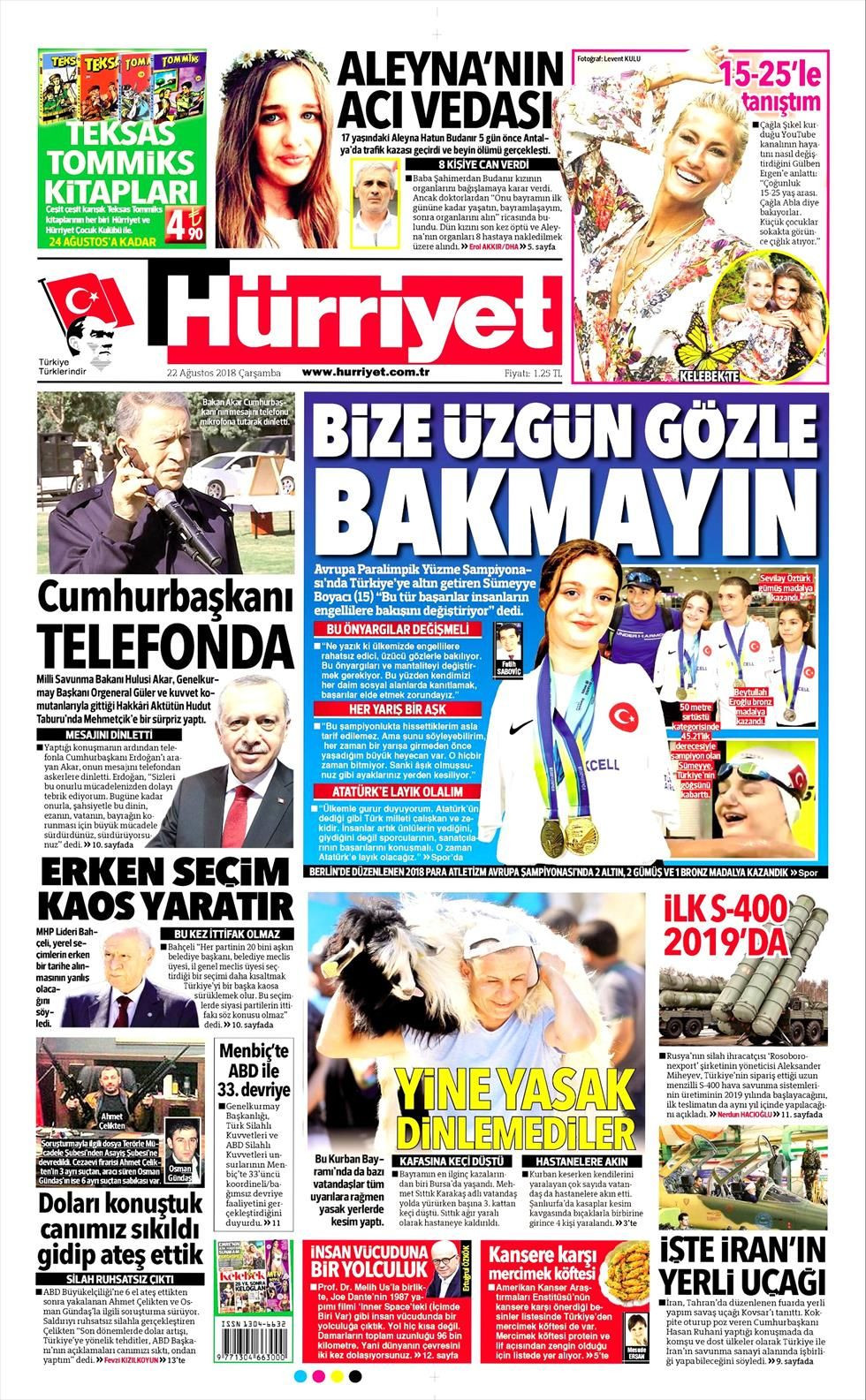 Hürriyet Gazetesi 22 Ağustos 2018 Anasayfası - Haber3