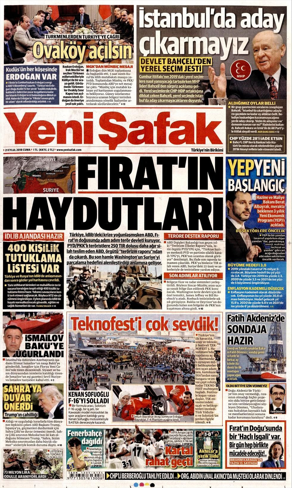 Yeni Şafak Gazetesi 21 Eylül 2018 Anasayfası Haber3