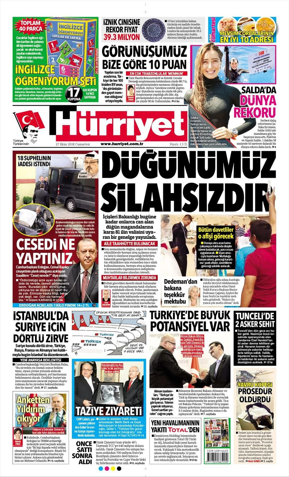 Hürriyet Gazetesi 27 Ekim 2018 Anasayfası - Haber3