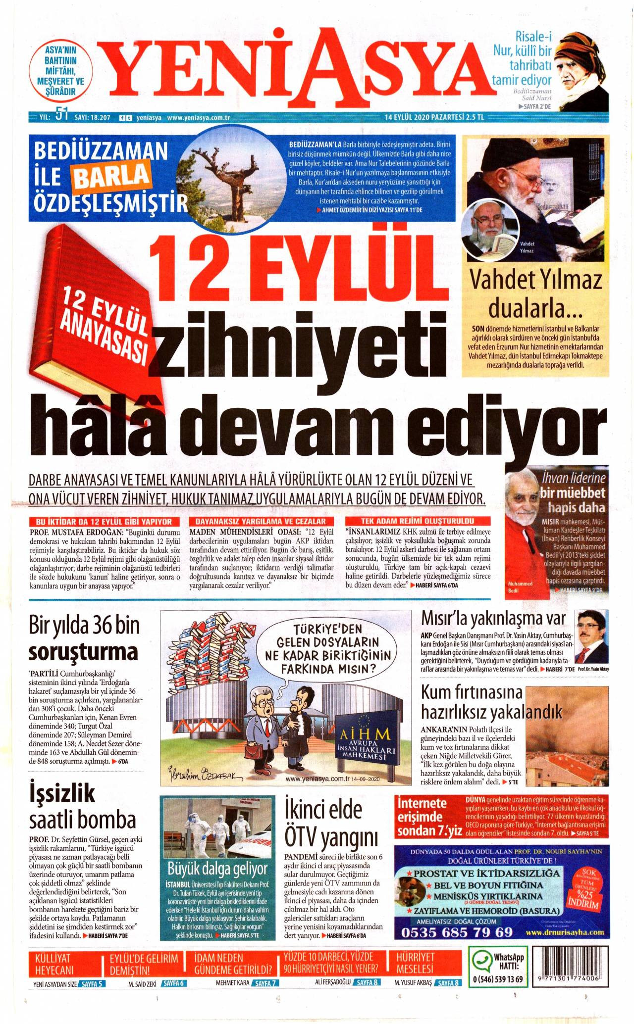 Yeni Asya Gazetesi 14 Eylül 2020 Anasayfası Haber3
