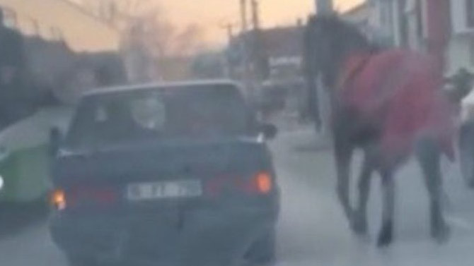 Akılalmaz olay! Aracına at bağlayıp caddede koşturdu