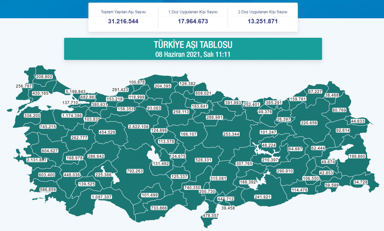 TÜRKİYE AŞI TABLOSU 08 Haziran 2021, Salı 11:11