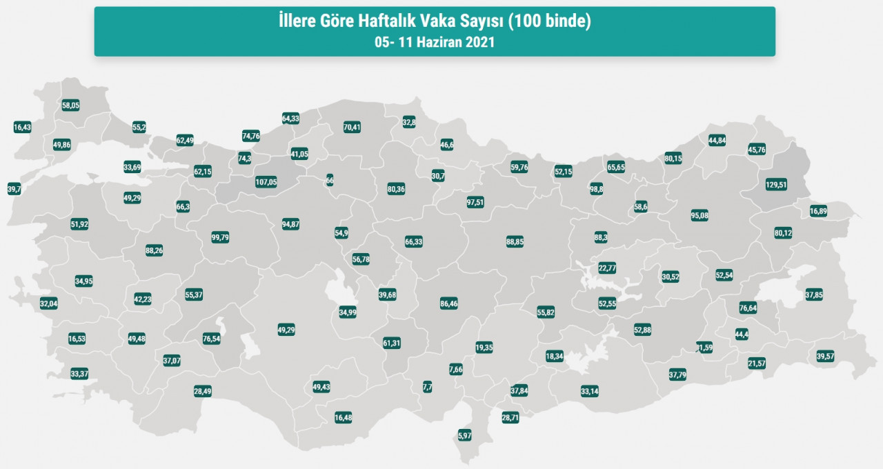 İllere Göre Haftalık Vaka Sayısı (100 binde) 05- 11 Haziran 2021