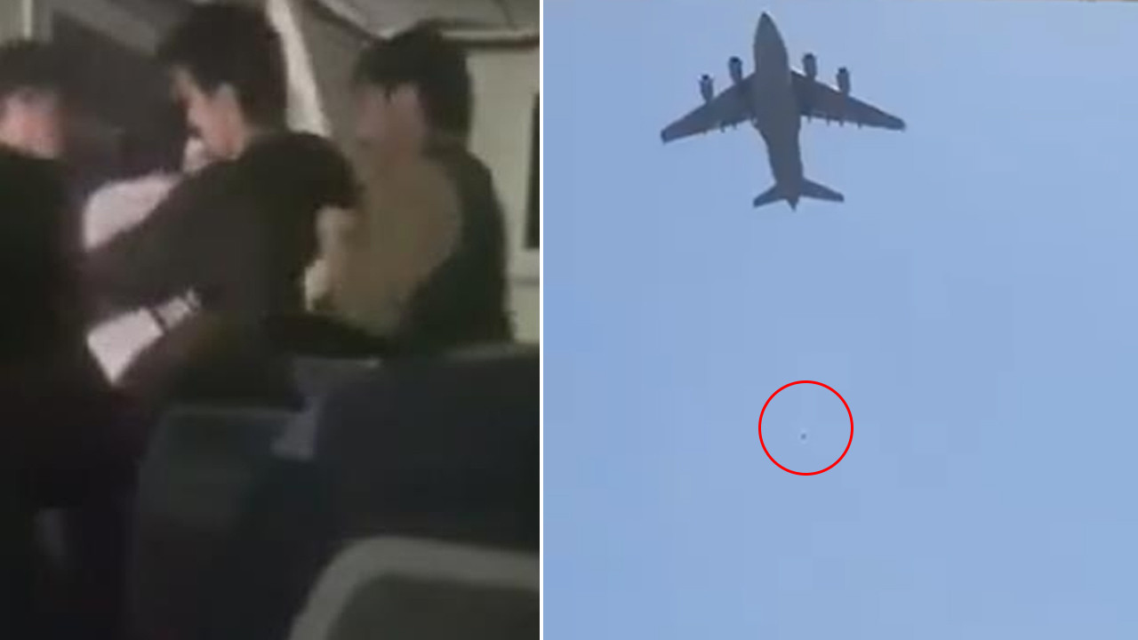 Uçağın iniş takımına tutunan iki Afgan'ın düşme anı kamerada