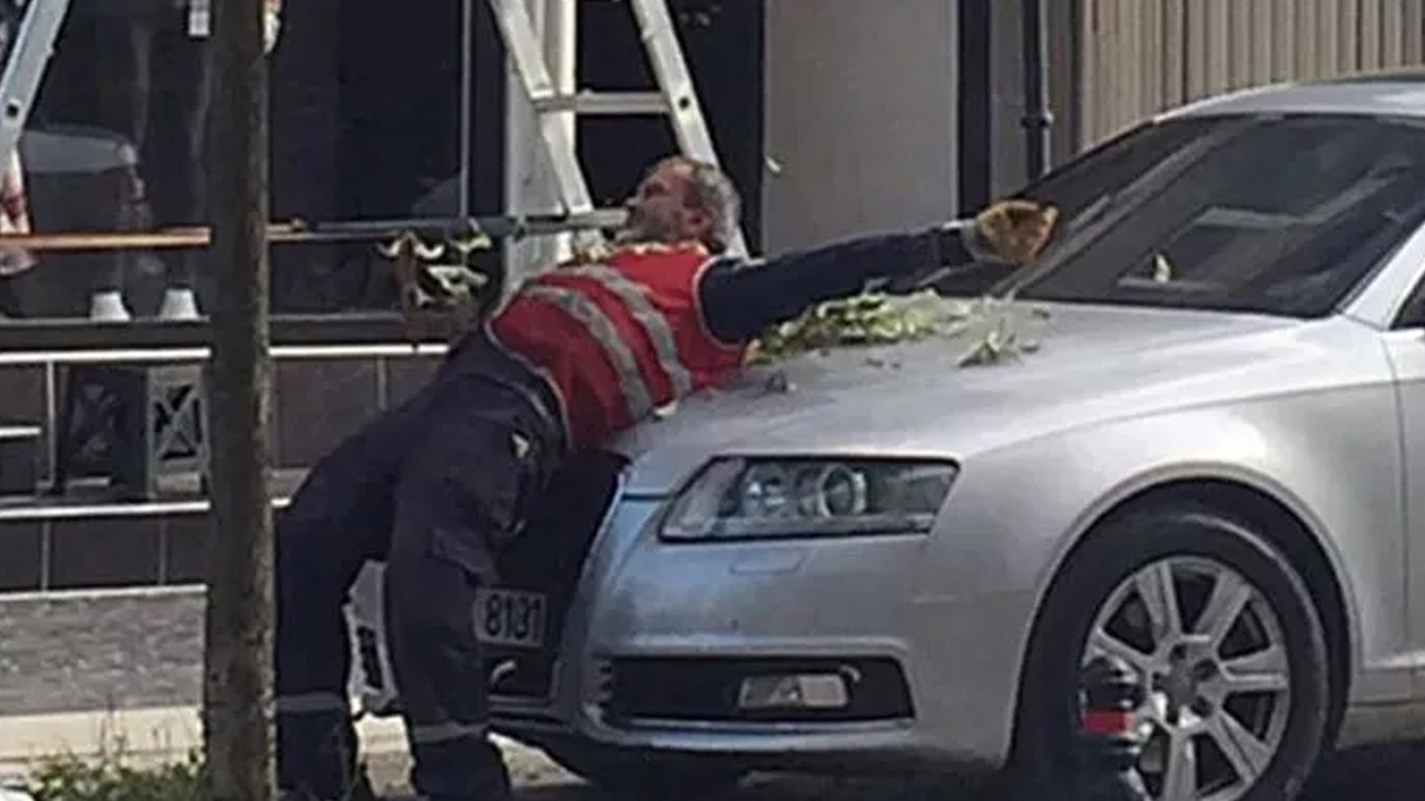 Araç zarar görmesin diye kendini siper eden temizlik işçisi sosyal medyada gündem oldu