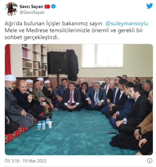 Savcı Sayan: Ağrı’da bulunan İçişler bakanımız sayın ⁦ @suleymansoylu ⁩ Mele ve Medrese temsilcilerimizle önemli ve gerekli bir sohbet gerçekleştirdi.