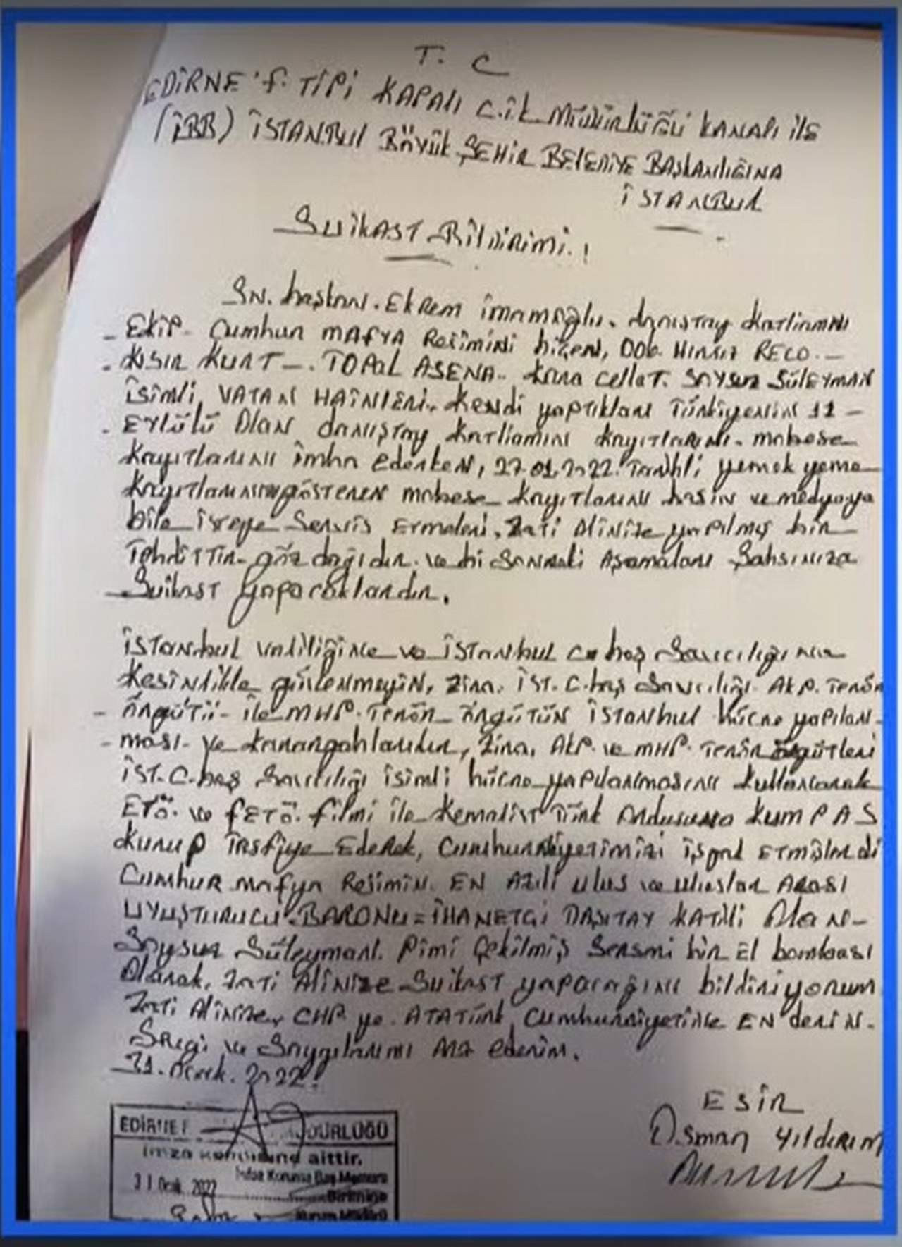 Danıştay cinayeti hükümlüsünden "İmamoğlu'na suikast" ihbarı