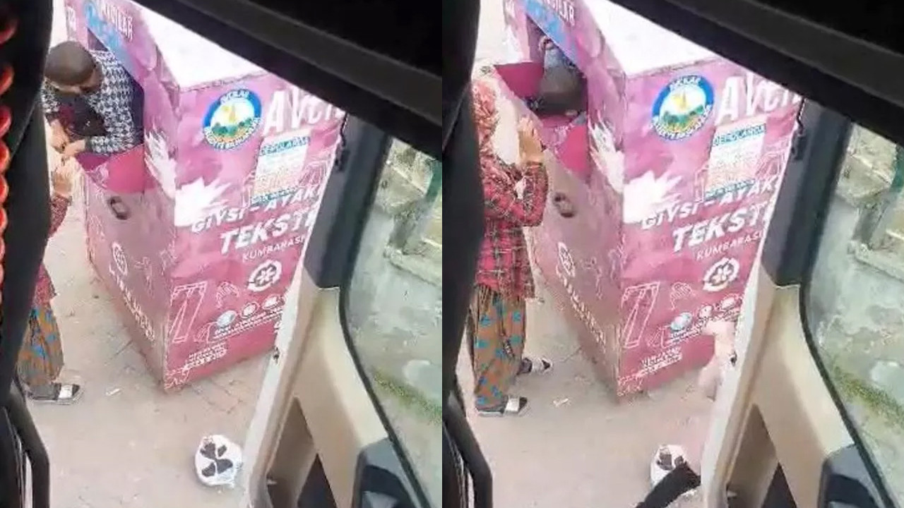Akılalmaz görüntü: Giysi kumbarasından önce elbiseler sonra...
