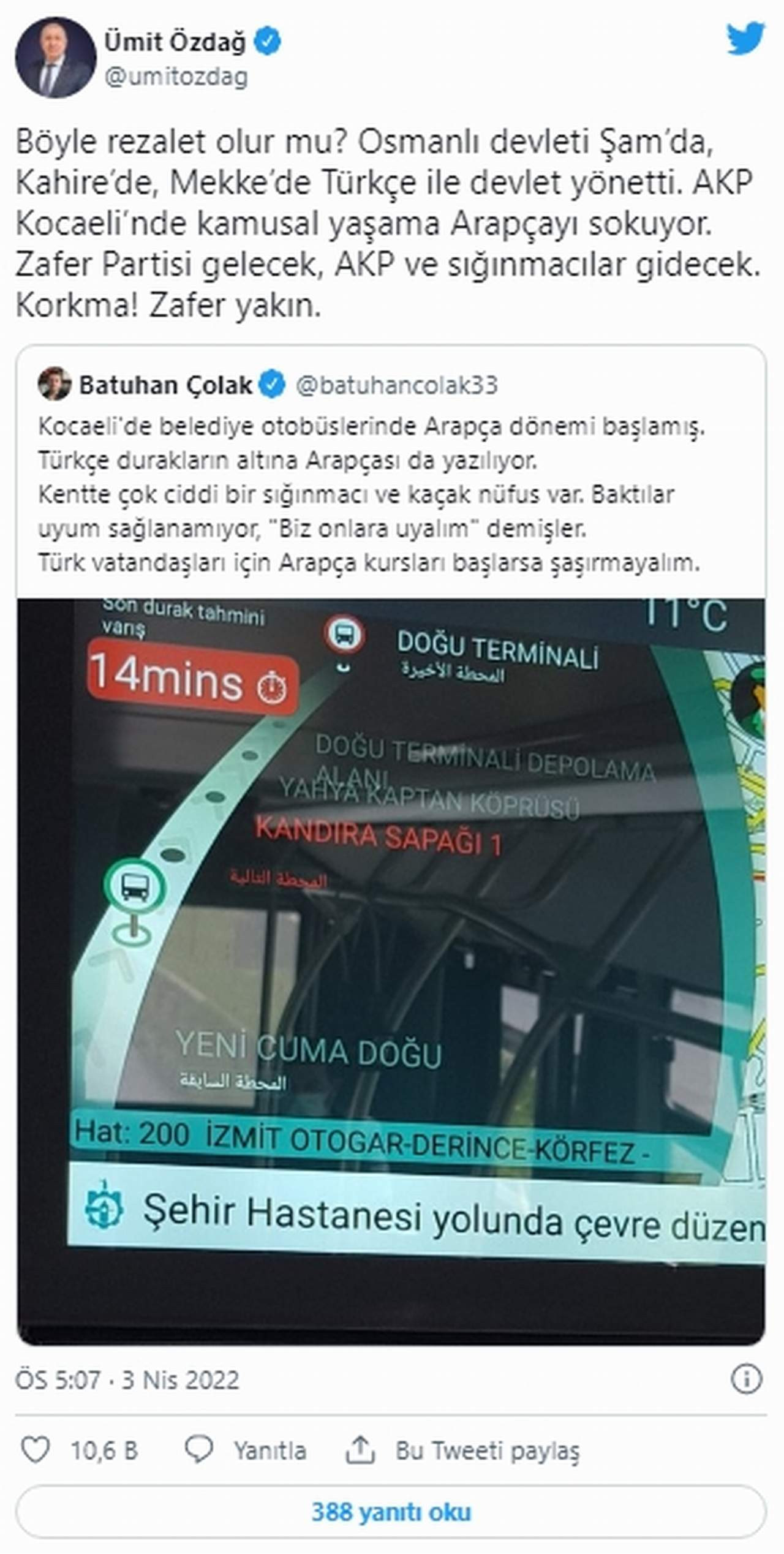 ümit özdağ kamusal alanda arapça tweet'i