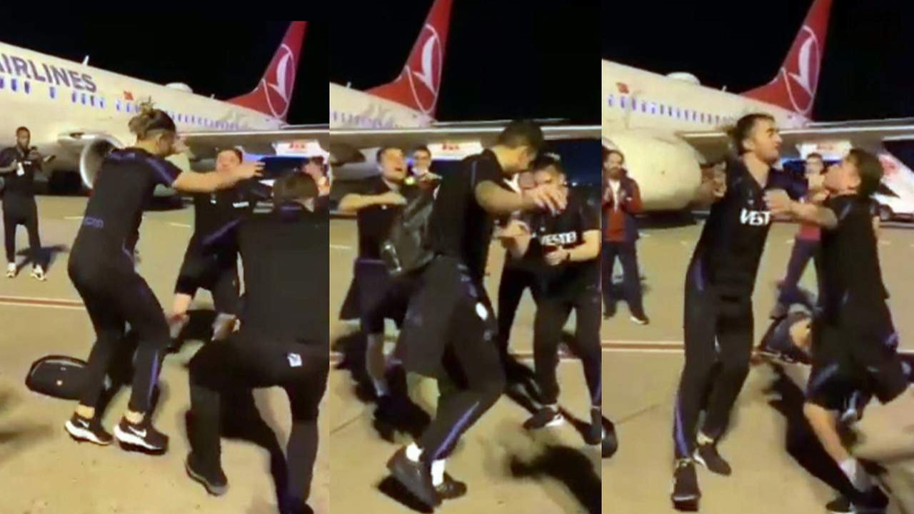 Tabzonsporlu futbolculardan havalimanında kolbastı şov