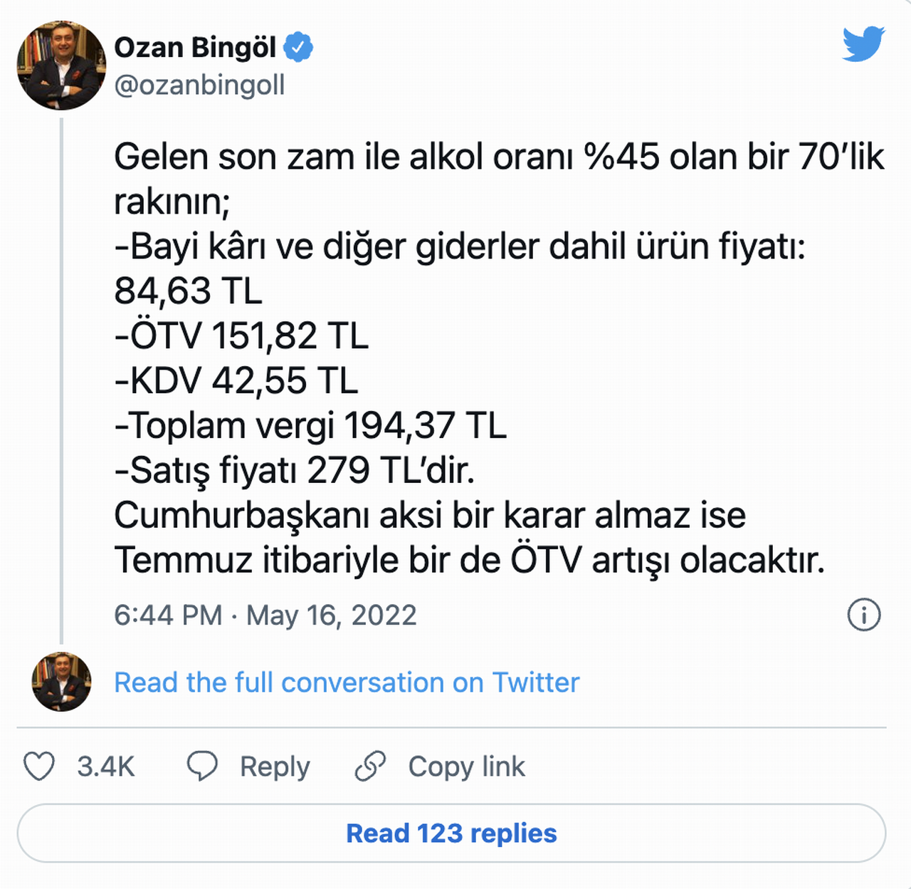 ozan bingöl rakıya ötv zammı paylaşımı