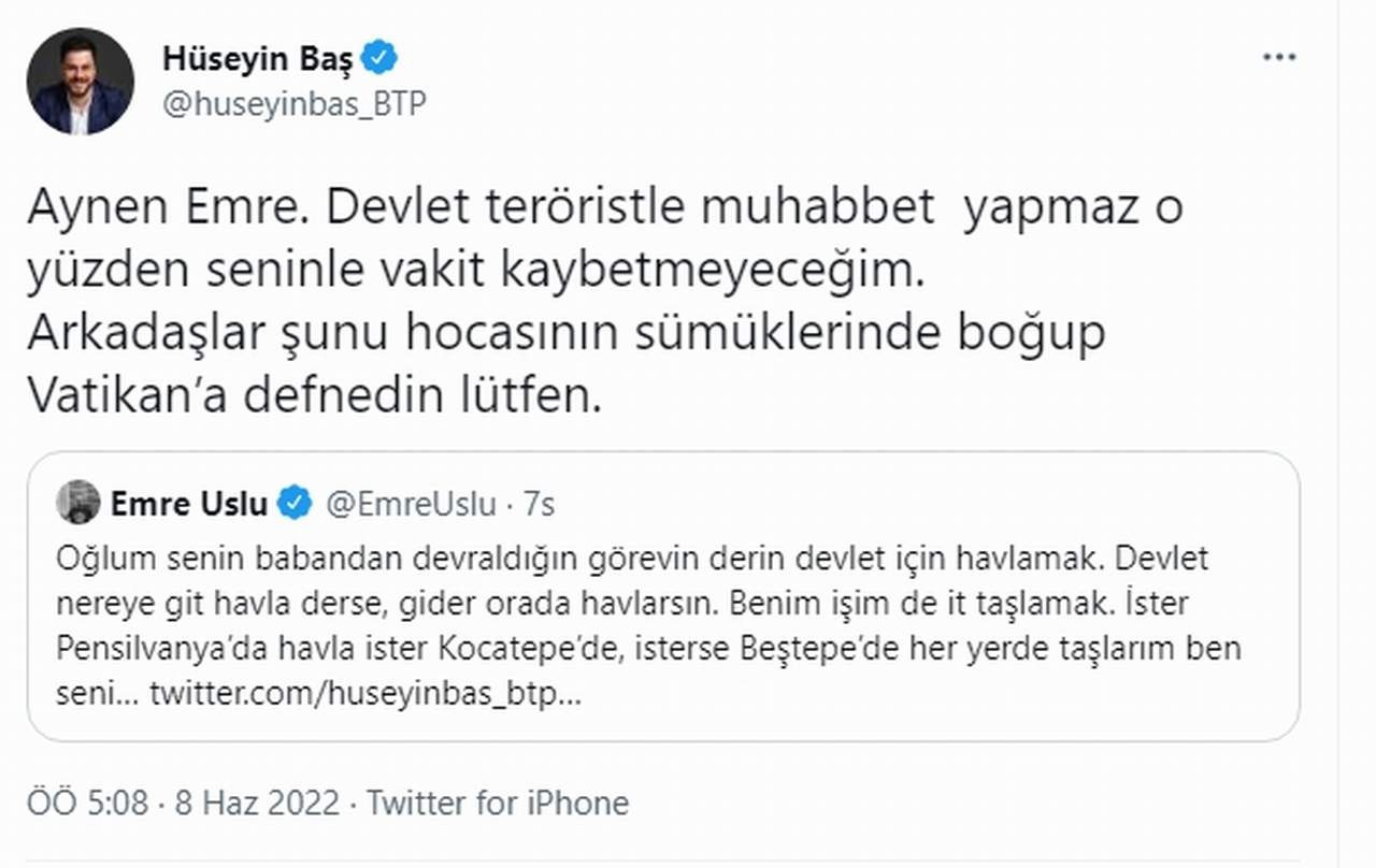 btp lideri Hüseyin Baş'tan Emre Uslu'ya tweet