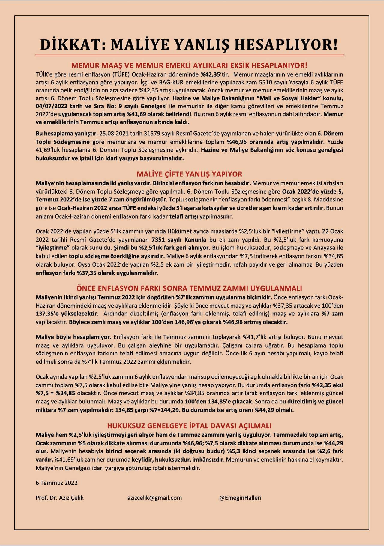Prof. Dr. Aziz Çelik'in Hazine ve Maliye Bakanlığı'nın memur ve emekli maaşları için yaptığı açıklama