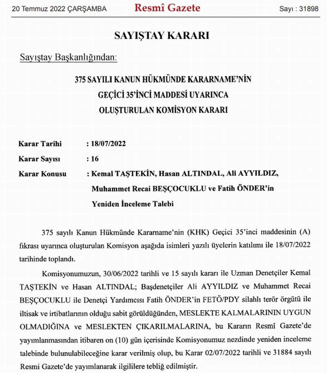 resmi gazete sayıştay denetçileri kararı