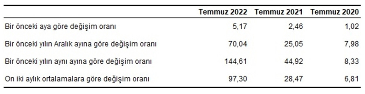 Yurt İçi Üretici Fiyat Endeksi, Temmuz 2022