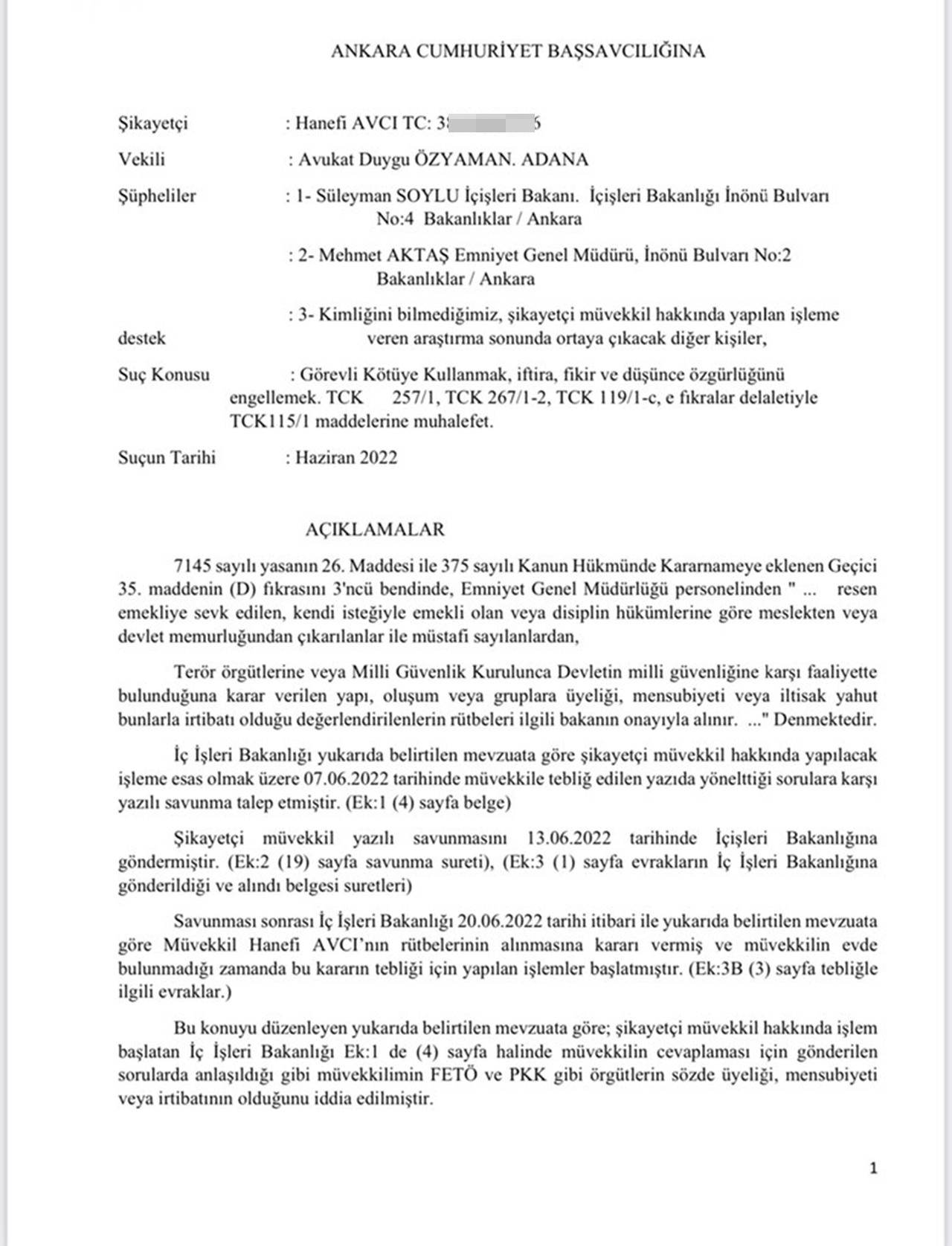 hanefi avcı'dan süleyman soylu hakkında görevi kötüye kullanmaktan suç duyurusu