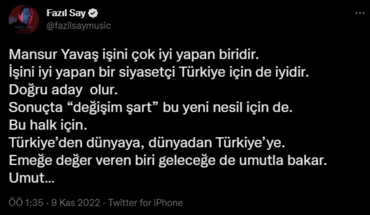 Fazıl Say'dan Mansur Yavaş paylaşımı