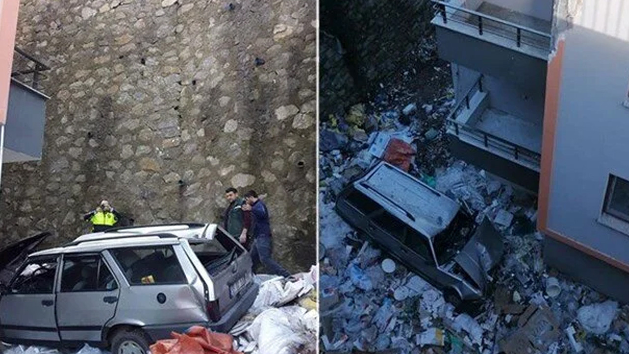 Otomobille 15 metre yükseklikten boşluğa düştü