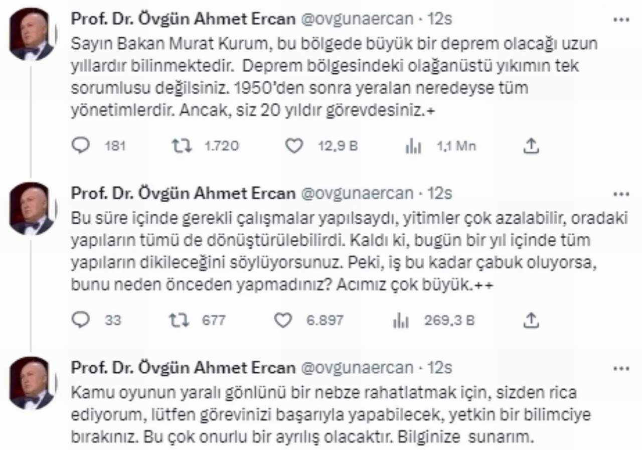 Prof. Dr. Ercan'dan o bakana istifa çağrısı: ''Çok onurlu olur''