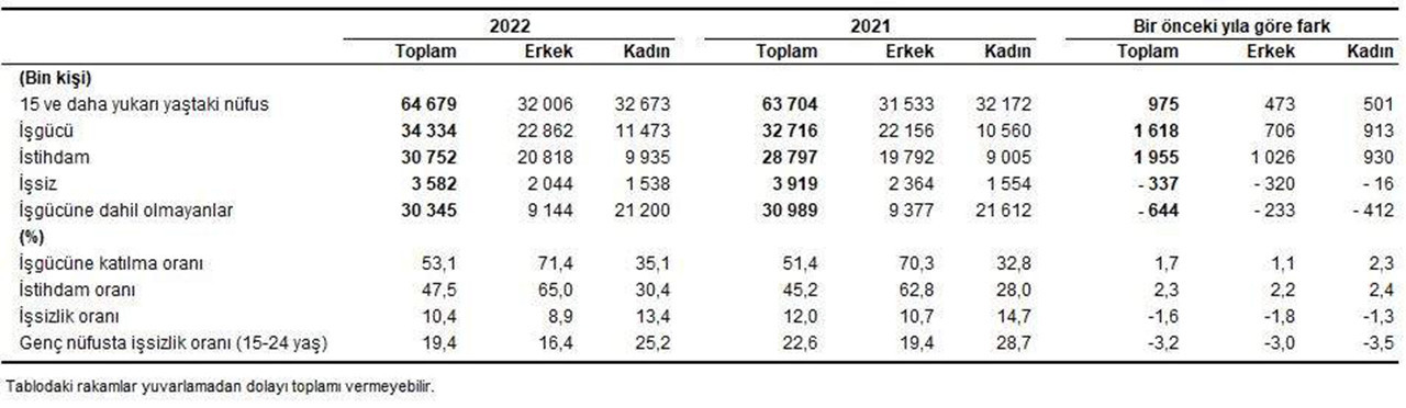 Türkiye istatistik kurumu 2022 yılı işgücü İstatistikleri ve işsizlik rakamları