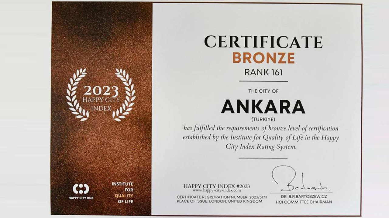 Ankara Büyükşehir Belediyesi’ne Mutlu Şehir Merkezi’nden Bronz sertifika