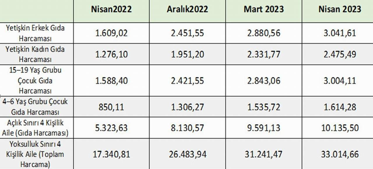 Türkiye İşçi Sendikaları Konfederasyonu, 2023 yılı Nisan ayının açlık ve yoksulluk sınırlarını açıkladı. Her ne kadar raporun adında 