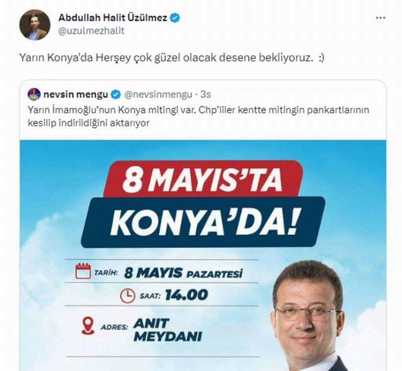 Konya Genç Kızılay Başkan Yardımcısı Abdullah Halit Üzülmez, İBB Başkanı Ekrem İmamoğlu’na yönelik taşlı saldırı sonrasında yaptığı "şeytan taşlama" paylaşımıyla büyük tepki çekti.