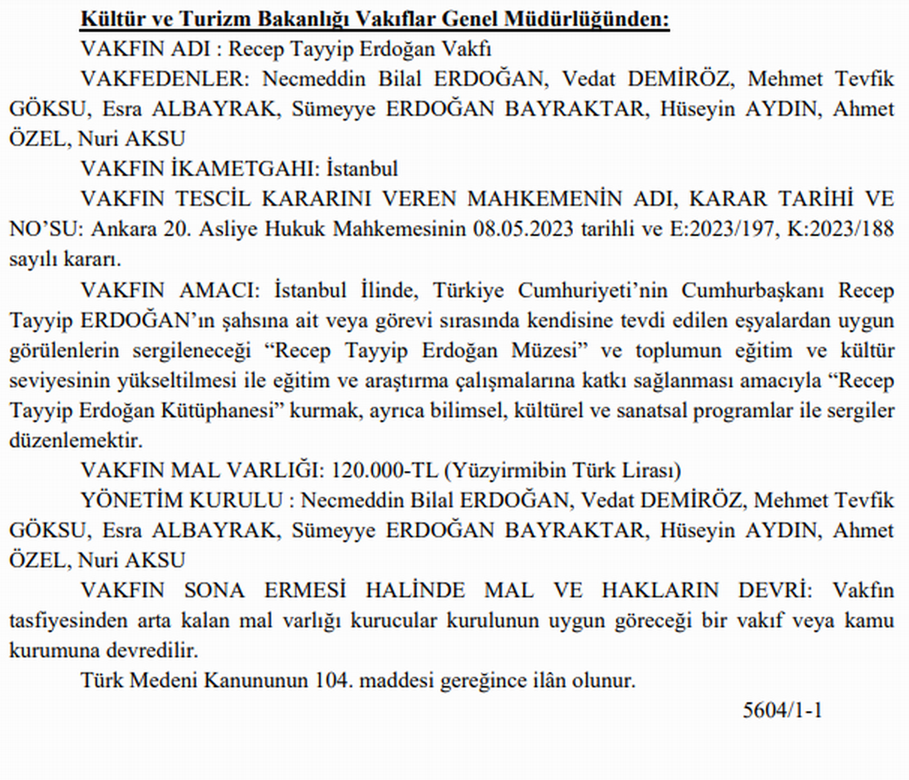 Cumhurbaşkanı Recep Tayyip Erdoğan adına kurucuları arasında, çocukları Bilal Erdoğan, Esra Albayrak, Sümeyye Erdoğan Bayraktar ile Vedat Demiröz, Tevfik Göksu, Hüseyin Aydın, Ahmet Özel ve Nuri Aksu'nun yer aldığı bir vakıf kuruldu. Vakfın kurucular listesinde Erdoğan'ın damadı Berat Albayrak'ın adının olmaması dikkatlerden kaçmadı.
