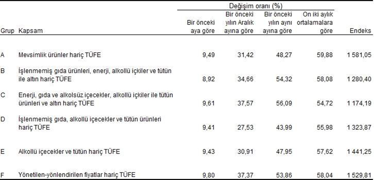 Özel kapsamlı TÜFE göstergeleri ve değişim oranları (%), Temmuz 2023