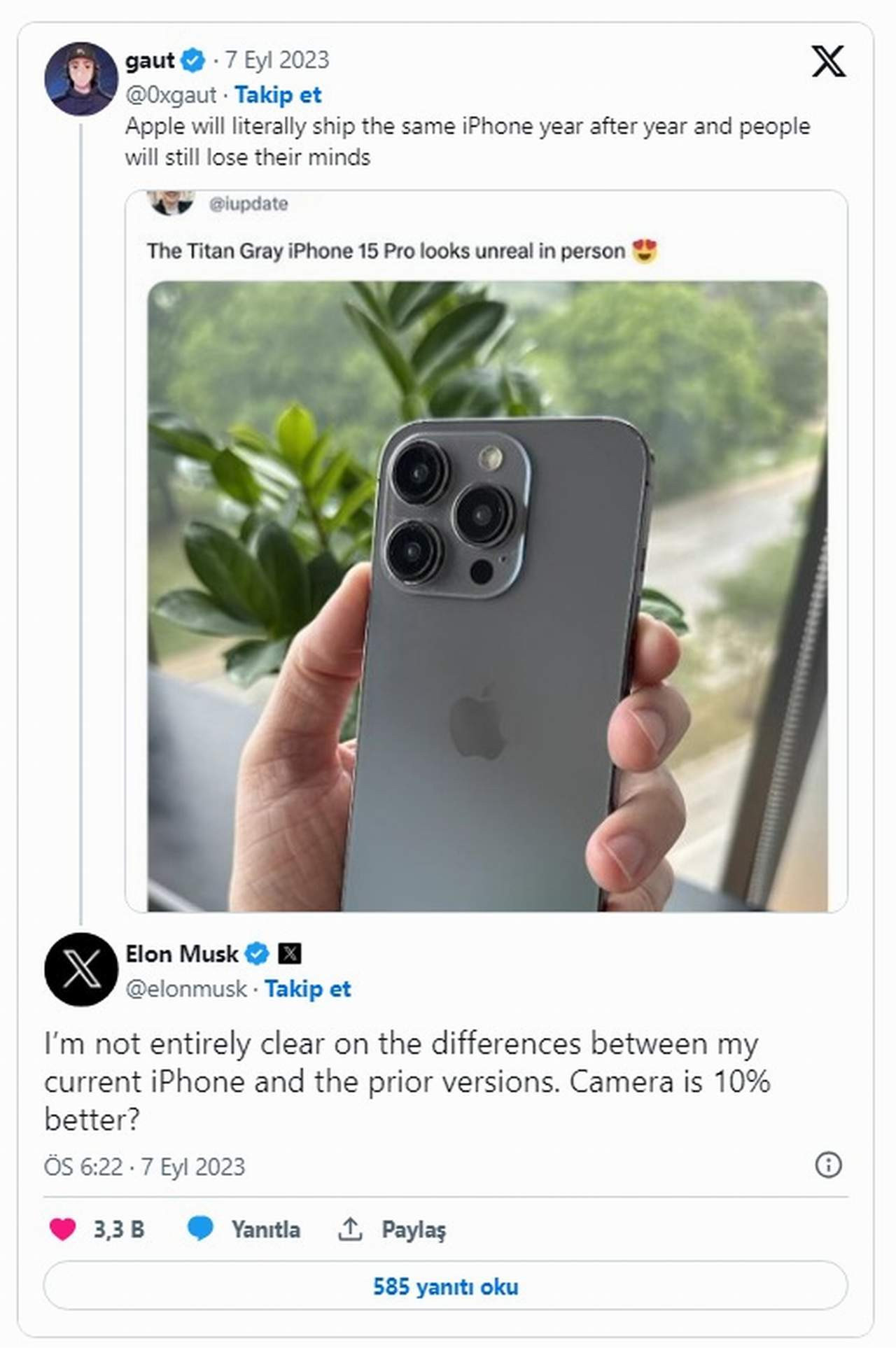 Dünyaca ünlü iş insanı Elon Musk, Apple'ın lansmanına hazırlandığı ancak bazı özellikleri internete sızan yeni Apple iPhone 15 için yaptığı yorumla olay oldu. Elon Musk Apple'ı "fark sadece bu mu" diyerek eleştirdi.