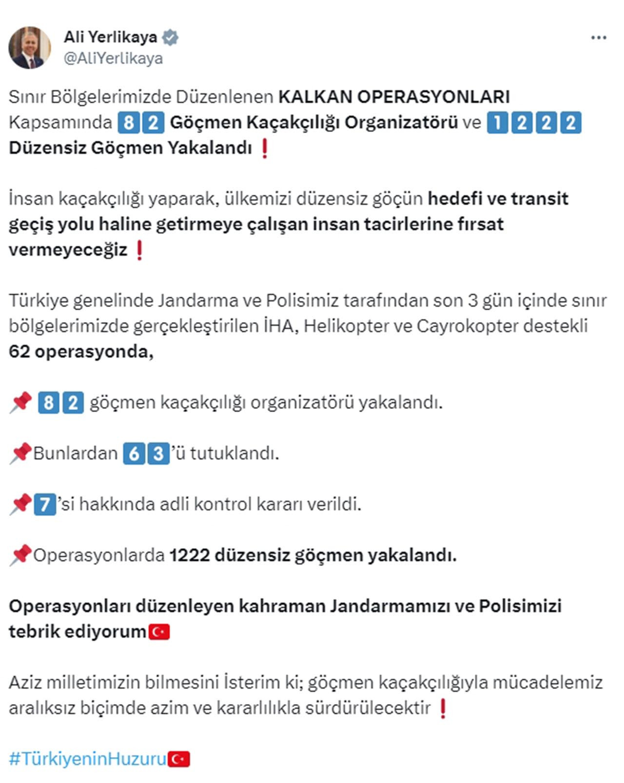 İçişleri Bakanı Ali Yerlikaya, göçmen kaçakçılarına yönelik operasyonda 82 organizatör ve 1222 düzensiz göçmenin yakalandığını duyurdu.