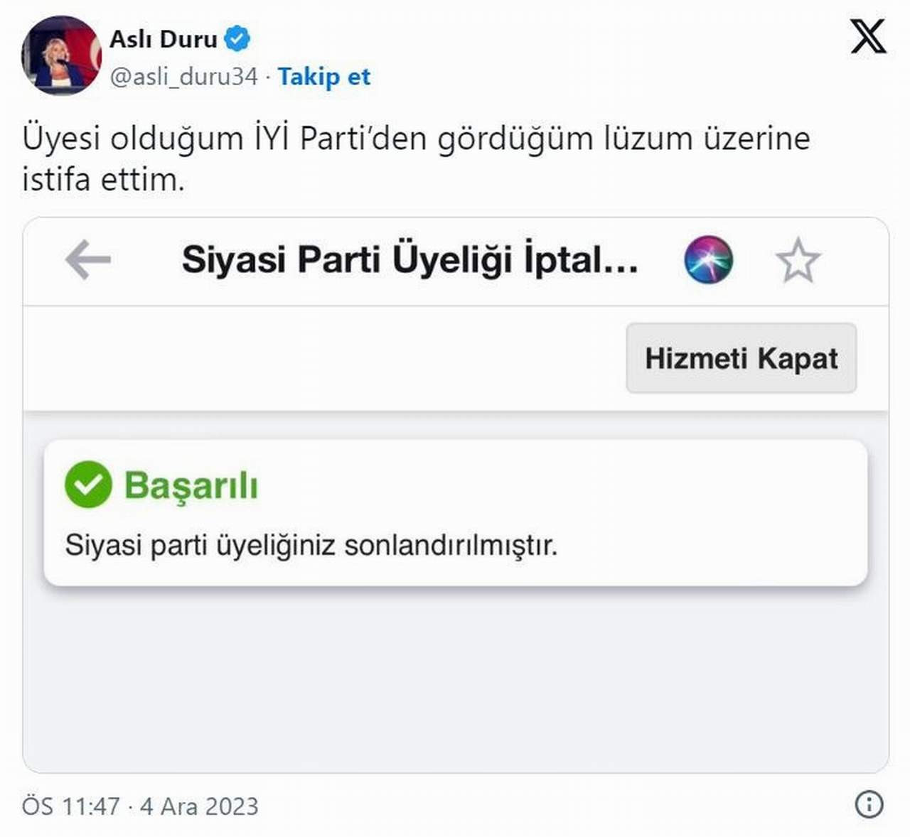 İYİ Parti İstanbul Medya Başkanı Aslı Duru, partisinden istifa ettiğini duyurdu.