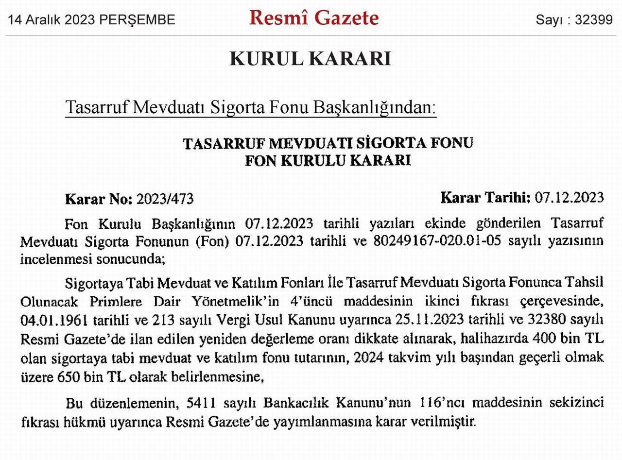 Tasarruf Mevduatı Sigorta Fonu sigortaya tabi mevduat ve katılım fon tutarını 2024’ten itibaren 400 bin liradan 650 bin liraya yükseltti.