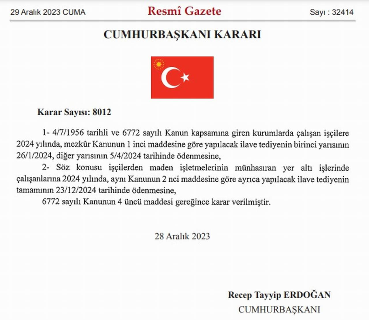 Kamu işçilerine 2024 yılında yapılacak ek ödeme tarihleri Resmi Gazete'de yayımlandı. 