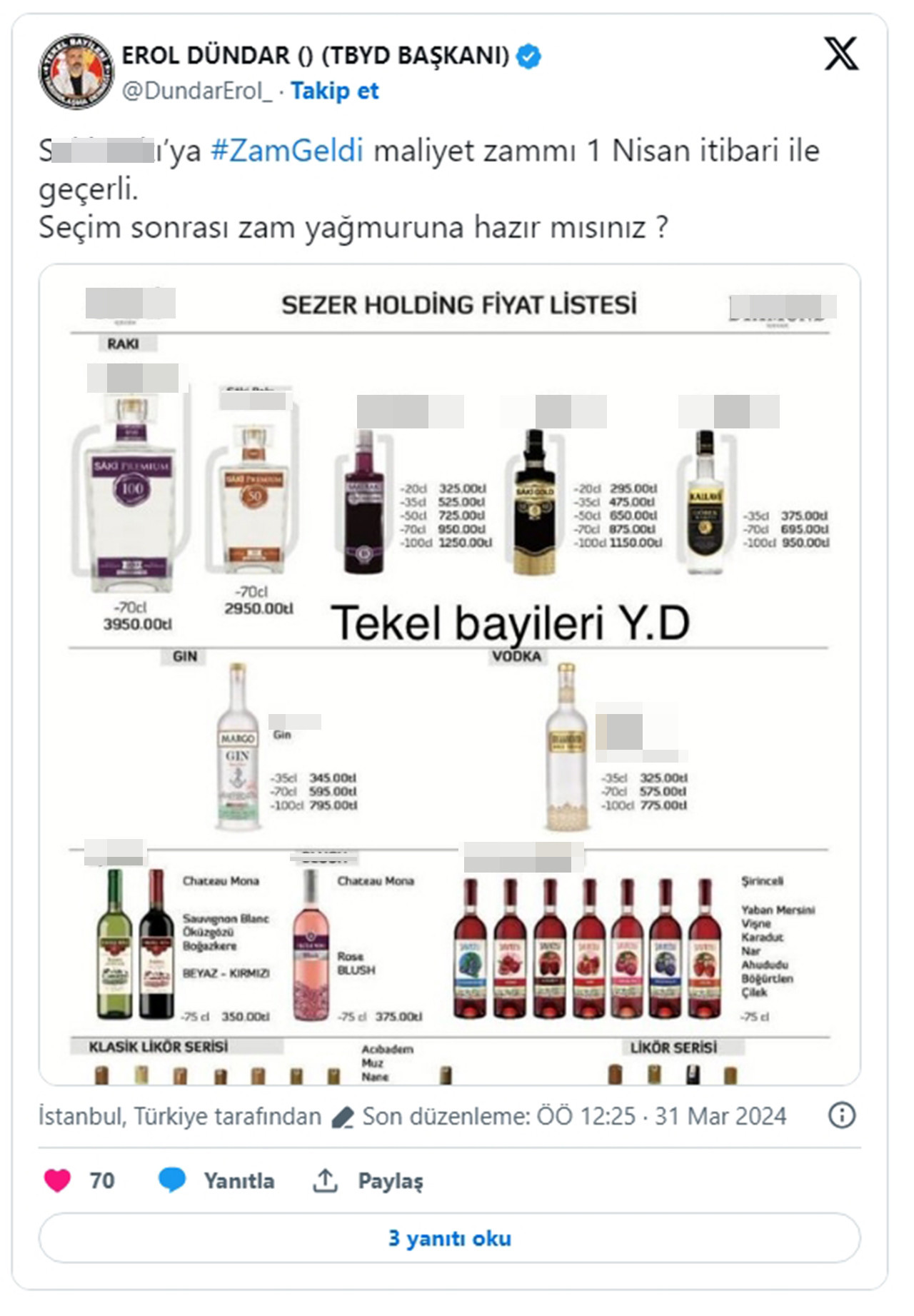Tekel Bayileri Yardımlaşma Derneği Başkanı Erol Dündar X hesabı üzerinden yaptığı paylaşımla bir rakı grubuna yaklaşık yüzde 5 oranında 'maliyet zammının' geleceğini açıkladı.
