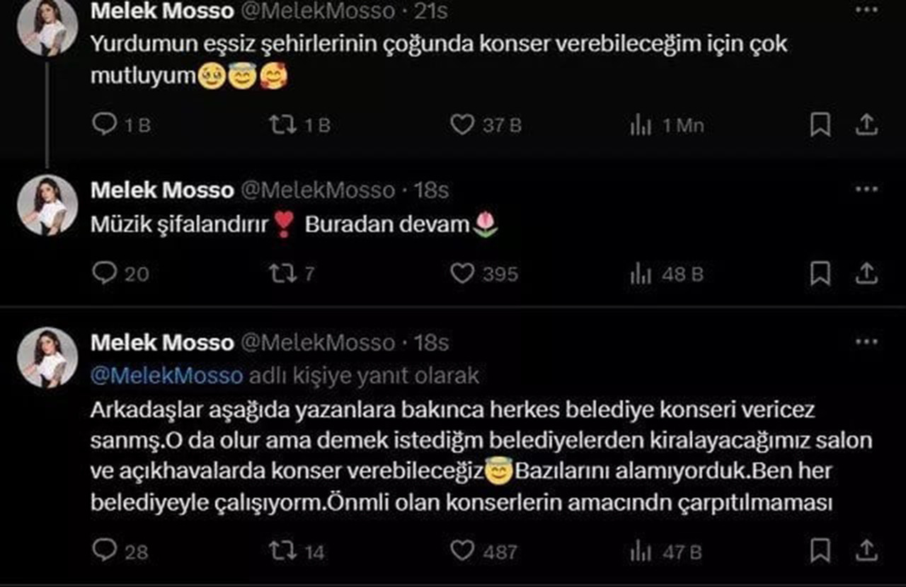 Yerel seçimler öncesi belediyeler tarafından konserleri peş peşe iptal edilen ünlü şarkıcı Melek Mosso yerel seçim sonuçlarının ardından yaptığı yorumla dikkat çekti.