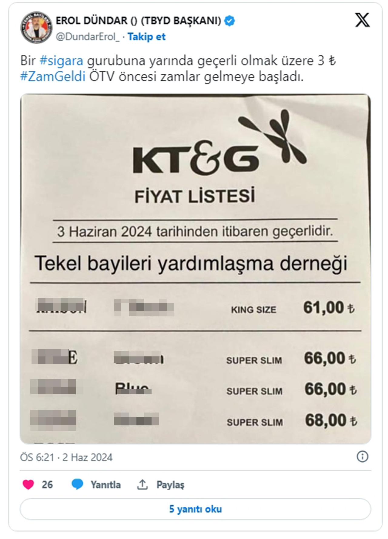 Sigara ve alkol zamları aralıksız devam ediyor... Bir sigara grubuna 3 lira zam geldi. Söz konusu zam yarından itibaren geçerli olacak.