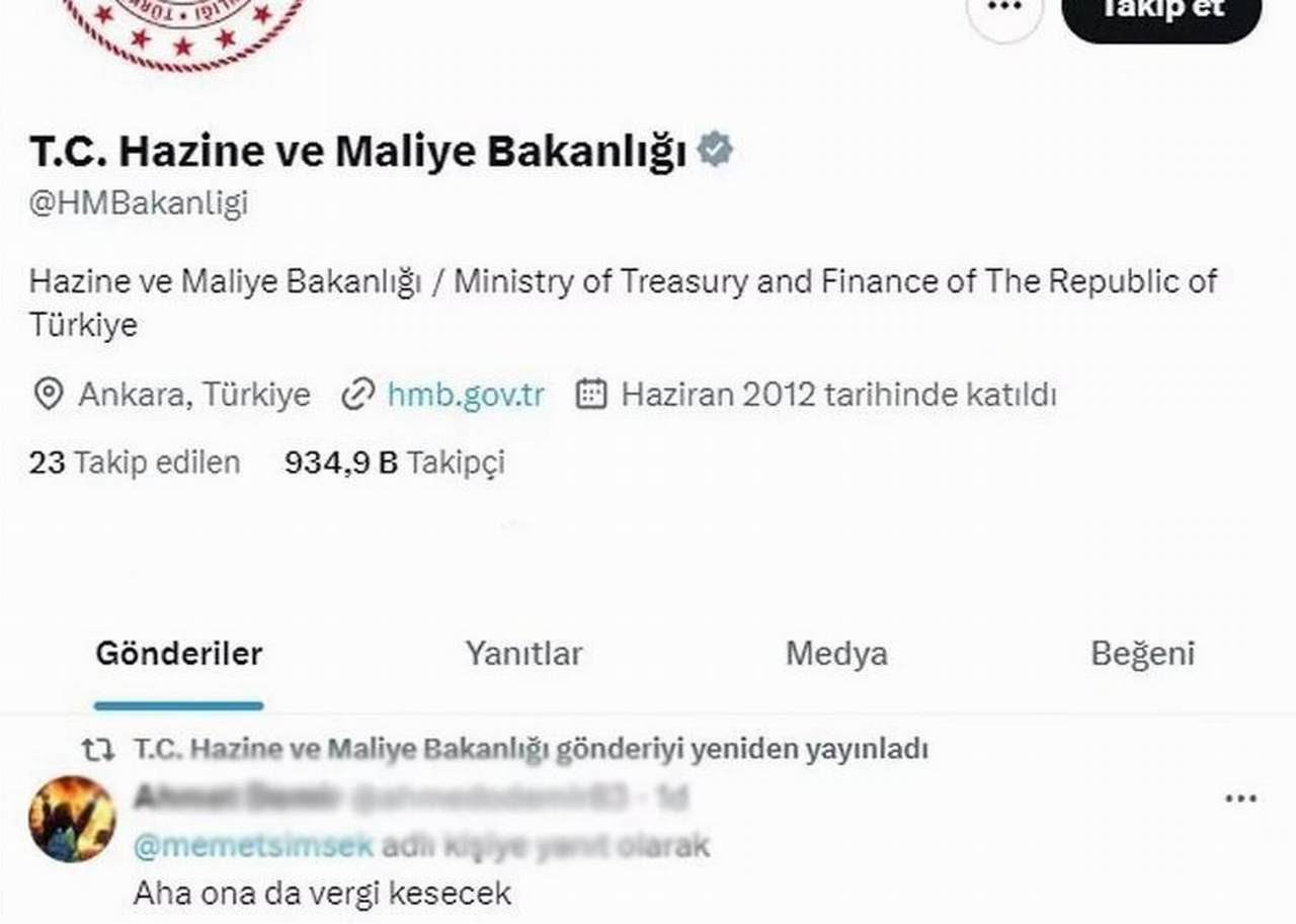 X sosyal medya platformunda Hazine ve Maliye Bakanlığı'nın resmi hesabı bir kullanıcının yaptığı 
