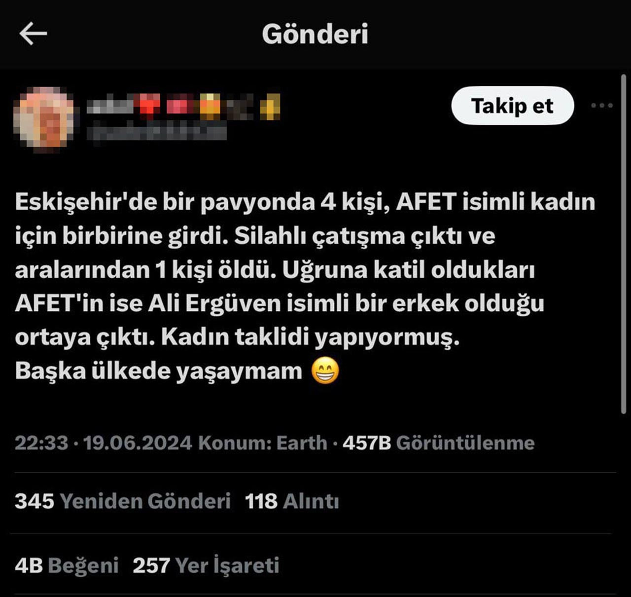 Sosyal medyada dün hızla yayılan ve Eskişehir'de bir pavyonda kendisi için 4 erkeğin silahlı çatışmaya girip içlerinden 1 kişinin öldüğü “Afet” isimli kadının aslında Ali E. isimli bir erkek olduğu iddia edilen olayda işin aslı ortaya çıktı.