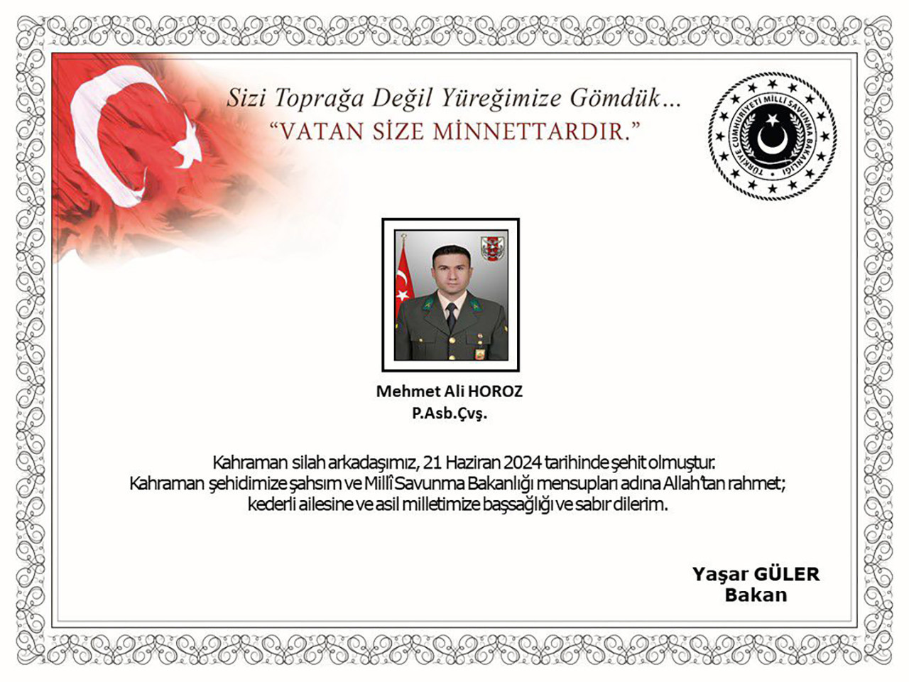 Milli Savunma Bakanlığı, Pençe-Kilit operasyonu bölgesinde bir askerin şehit olduğunu duyurdu.