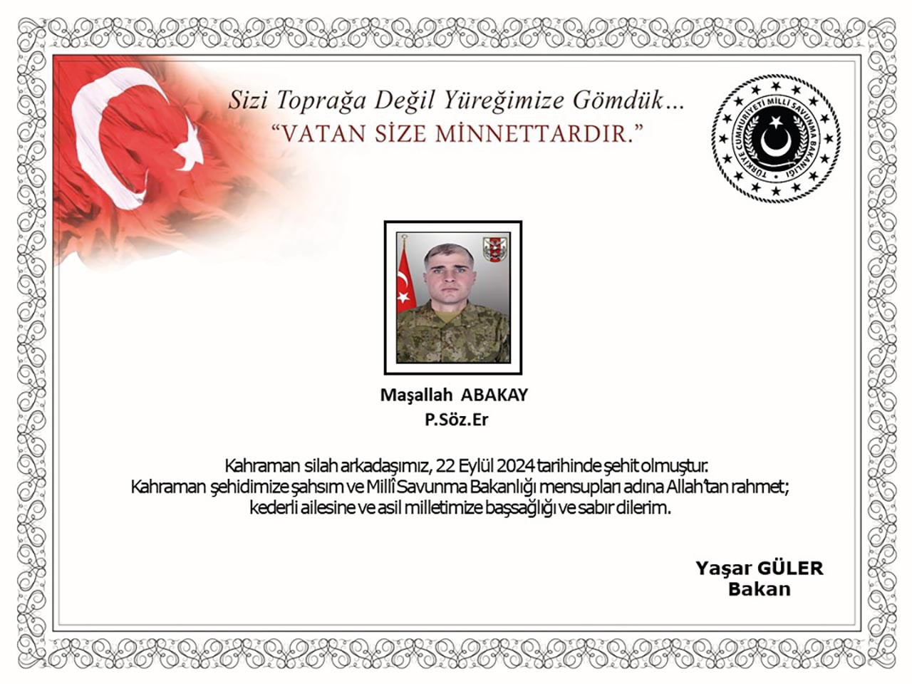Milli Savunma Bakanlığı, Pençe-Kilit Operasyonu bölgesinde teröristler tarafından yapılan sızma girişimi sırasında 1 askerin şehit olduğunu duyurdu.