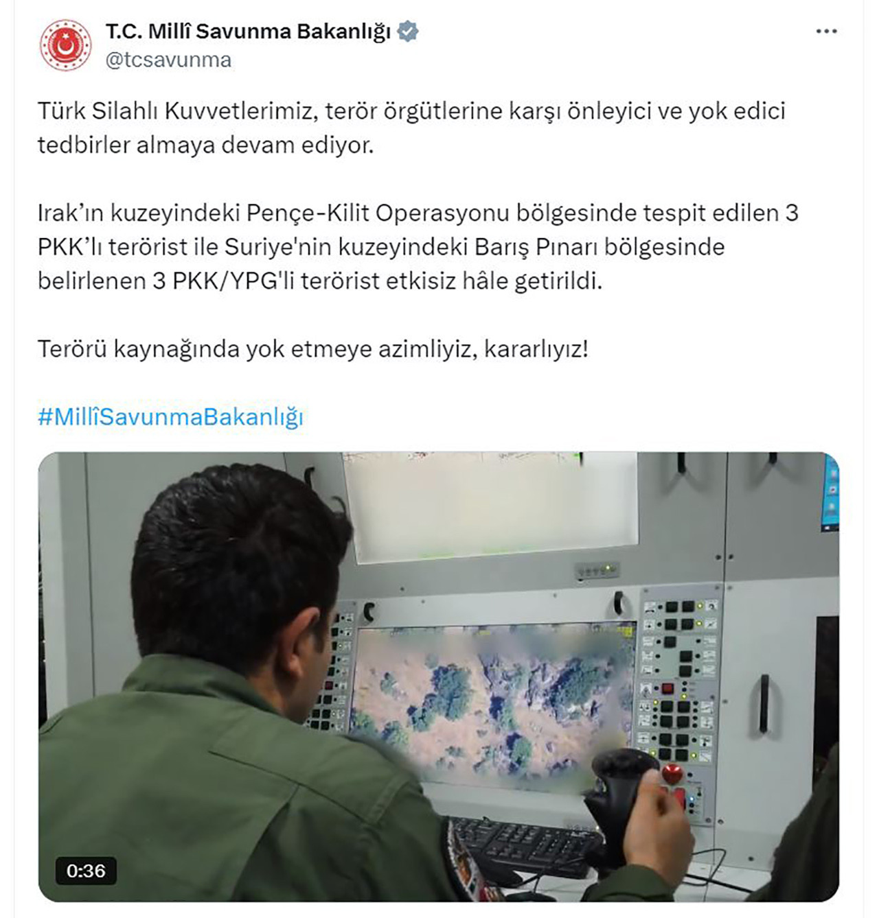 Milli Savunma Bakanlığı, Irak ve Suriye'nin kuzeyinde 6 teröristin etkisiz hale getirildiğini açıkladı. 