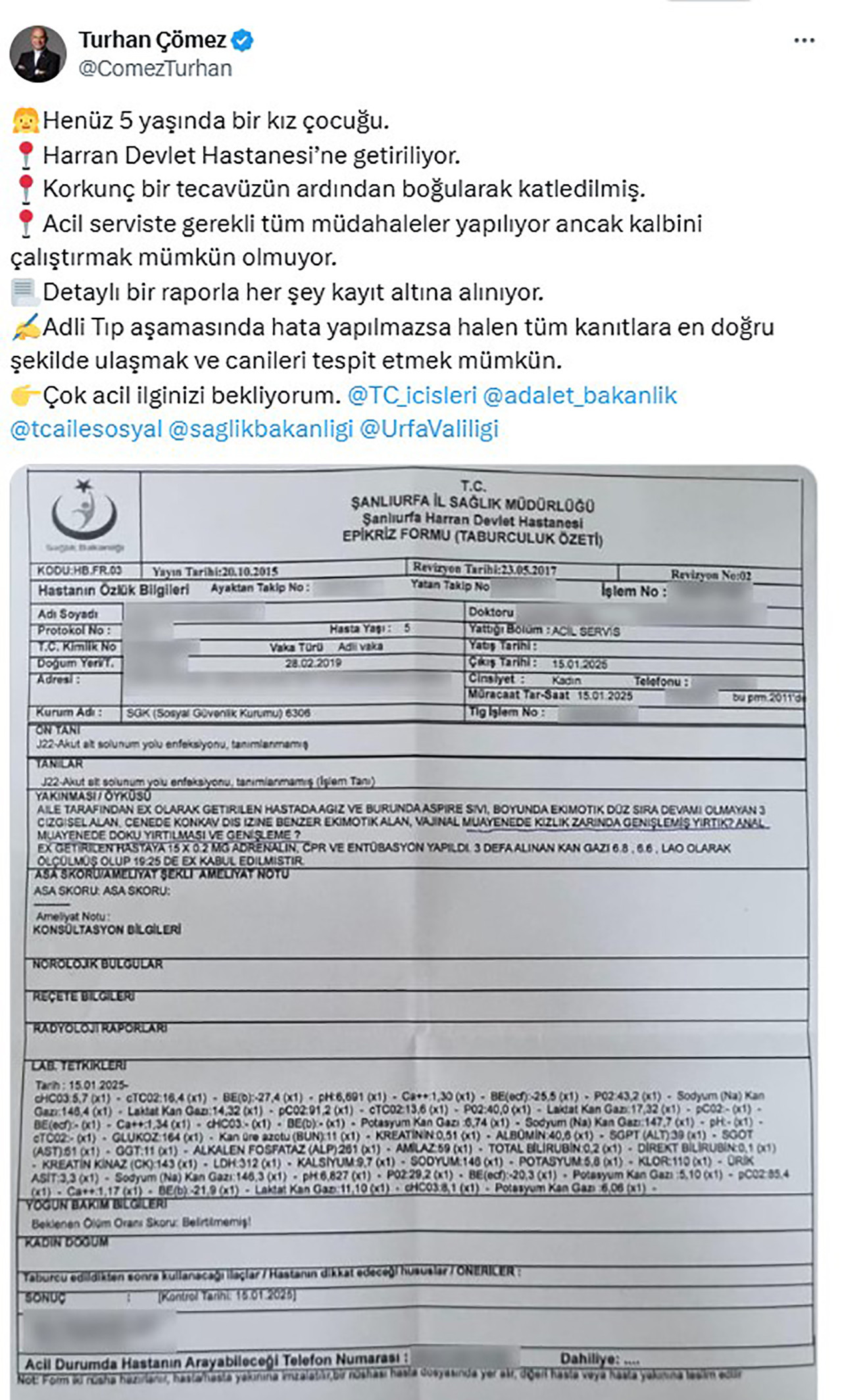 Şanlıurfa'da 5 yaşındaki bir çocuğun cinsel istismara uğradıktan sonra boğularak öldürüldüğü iddia edildi. 