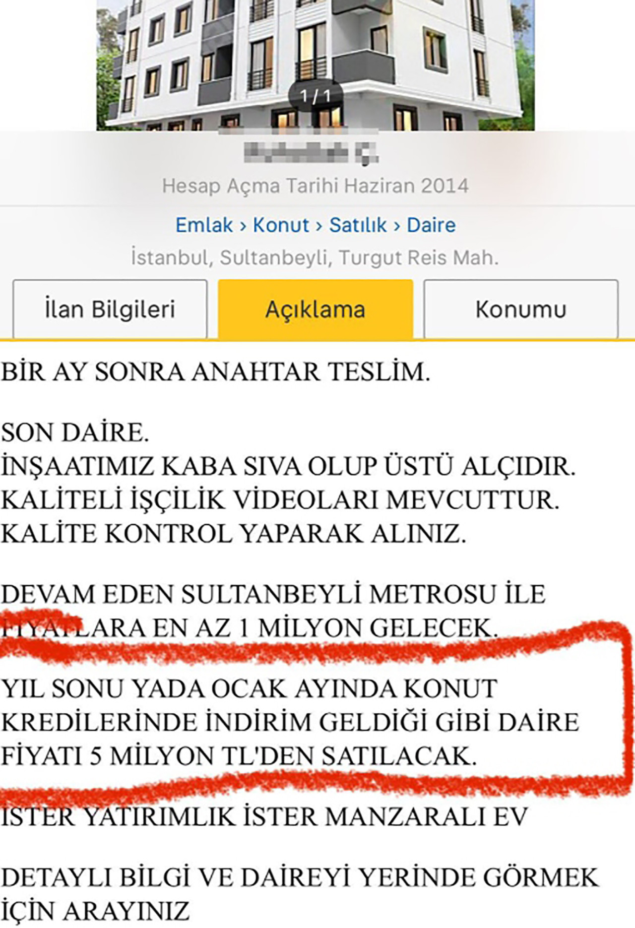 Konut kredisi faiz oranlarında düşüş beklenirken, ünlü ilan sitesinde verilen bir konut ilanı pes dedirtti. Daireyi 3 milyon 995 bin TL'ye satışa koyan kişi, ''Ocak ayında konut kredilerine indirim geldiği gibi daire 5 milyon TL'den satılacak'' notunu düştü. 