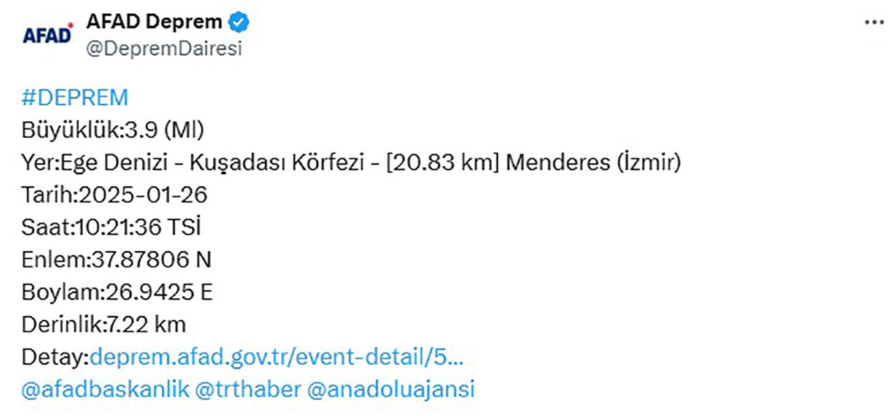 AFAD, İzmir'de 3.9 büyüklüğünde deprem meydana geldiğini duyurdu. 