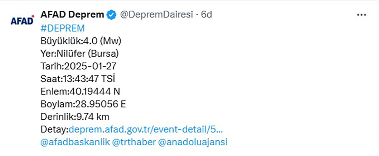 Bursa'nın Nilüfer ilçesinde 4.0 büyüklüğünde deprem meydana geldi. Deprem, çevre illerde de hissedildi.