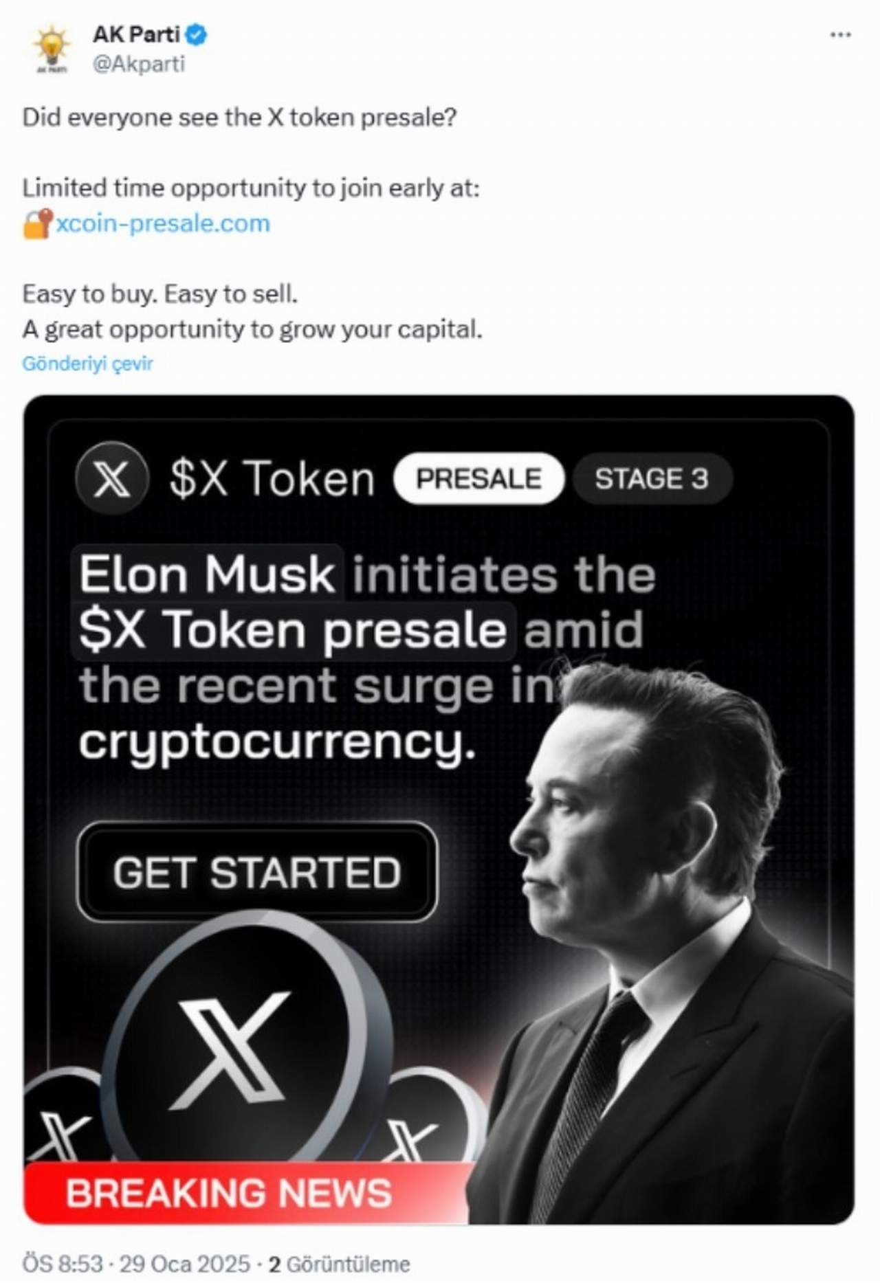 AK Parti'nin resmi X sosyal medya hesabından kripto para ve Elon Musk'ın fotoğrafının bulunduğu bir paylaşım yapıldı. 