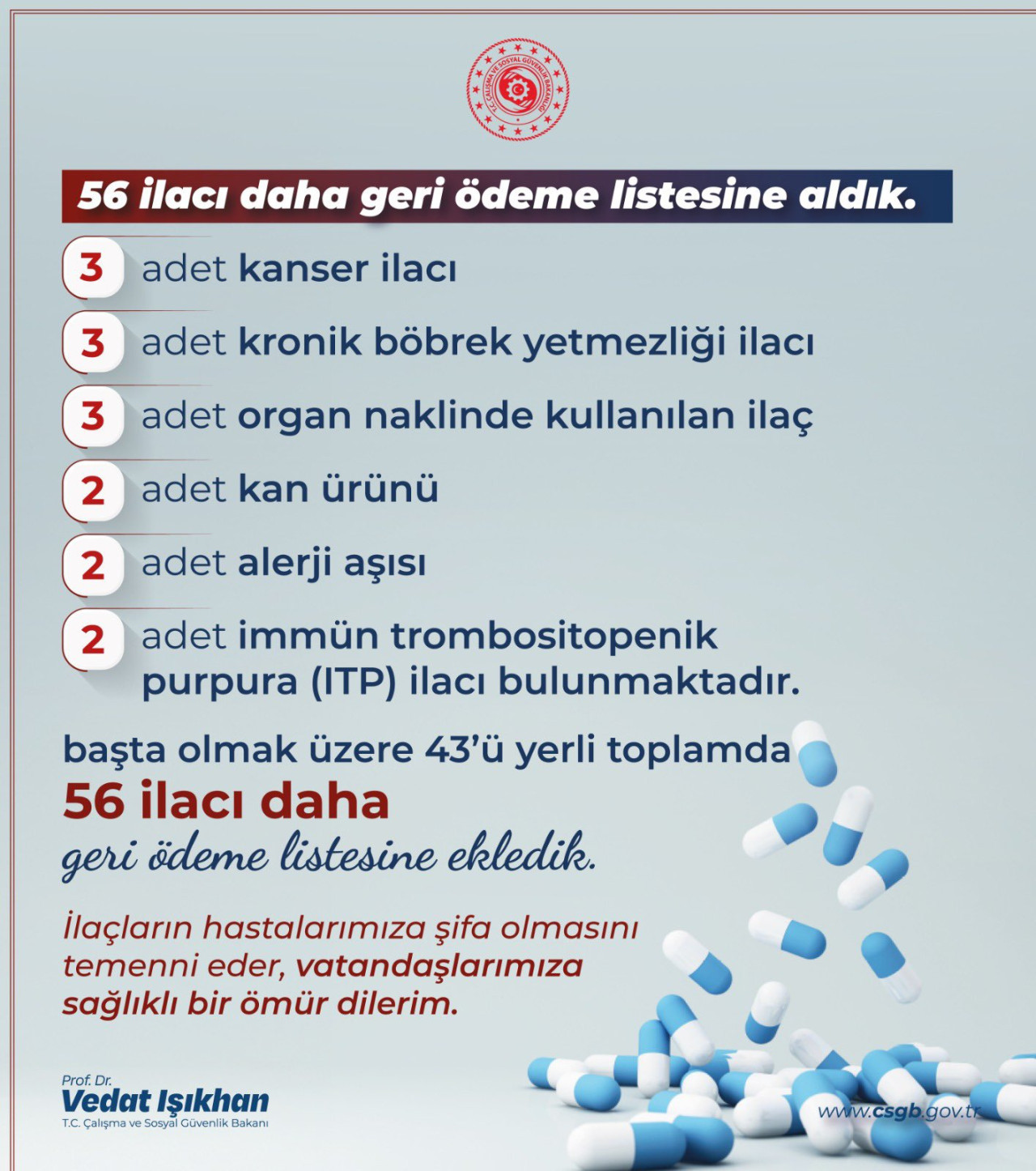 Çalışma ve Sosyal Güvenlik Bakanı Vedat Işıkhan, 56 ilacın daha geri ödeme listesine alındığını açıkladı. 